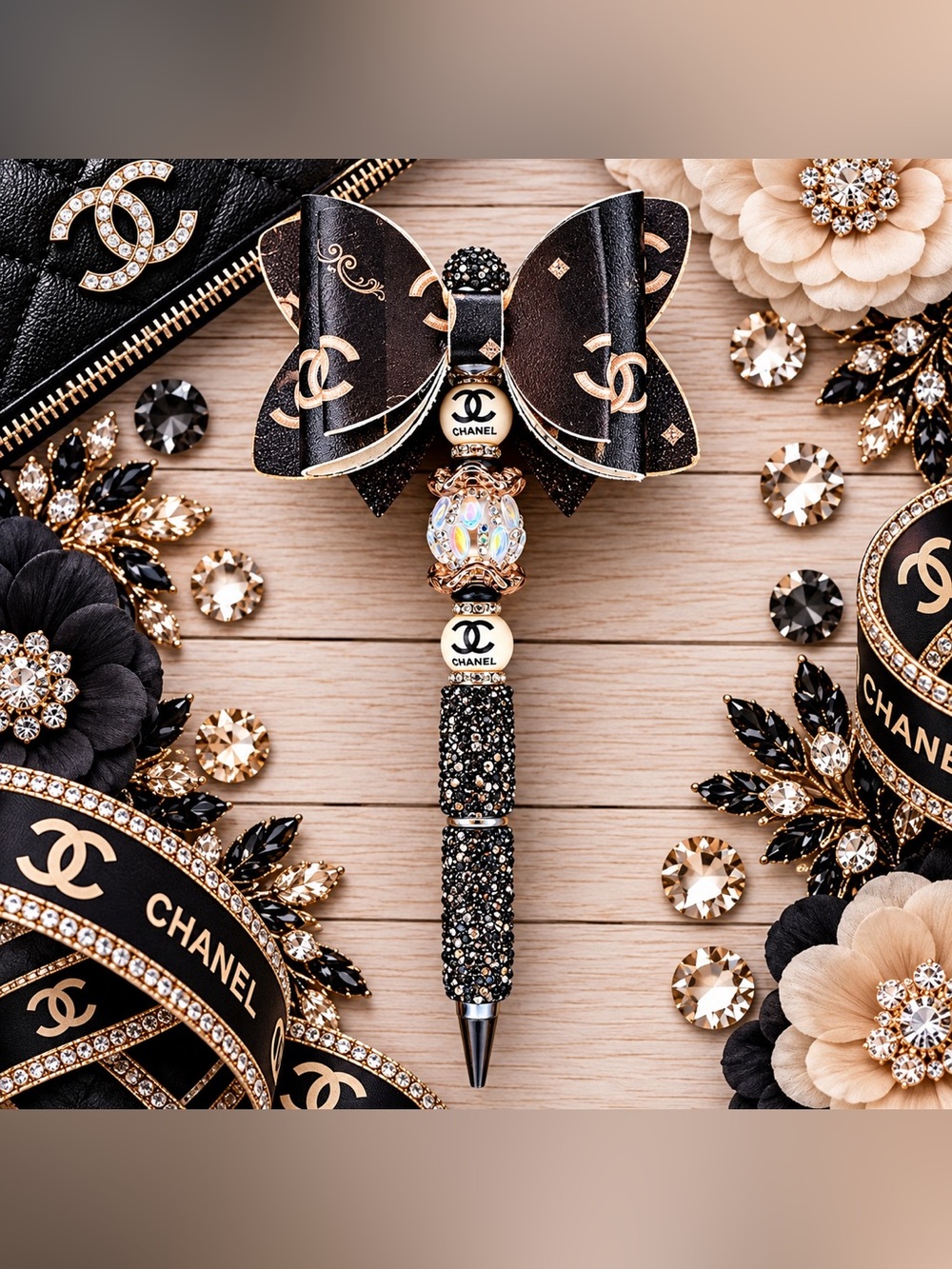 Fashion CC Black & Tan Rhinestone Beaded Twist Pen